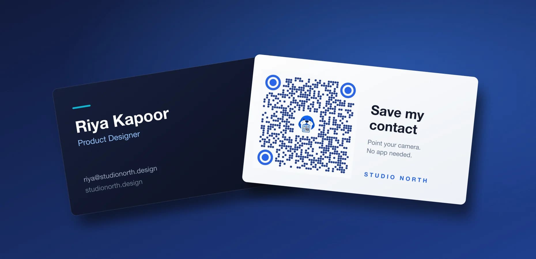 Two business cards on navy, the front card showing a blue rounded QR code with the QR Walrus logo and “Save my contact”