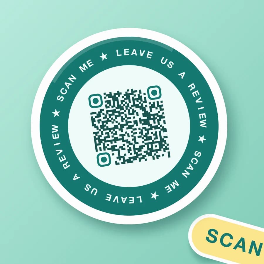 Teal die-cut round sticker reading “Leave us a review, scan me” around a QR code