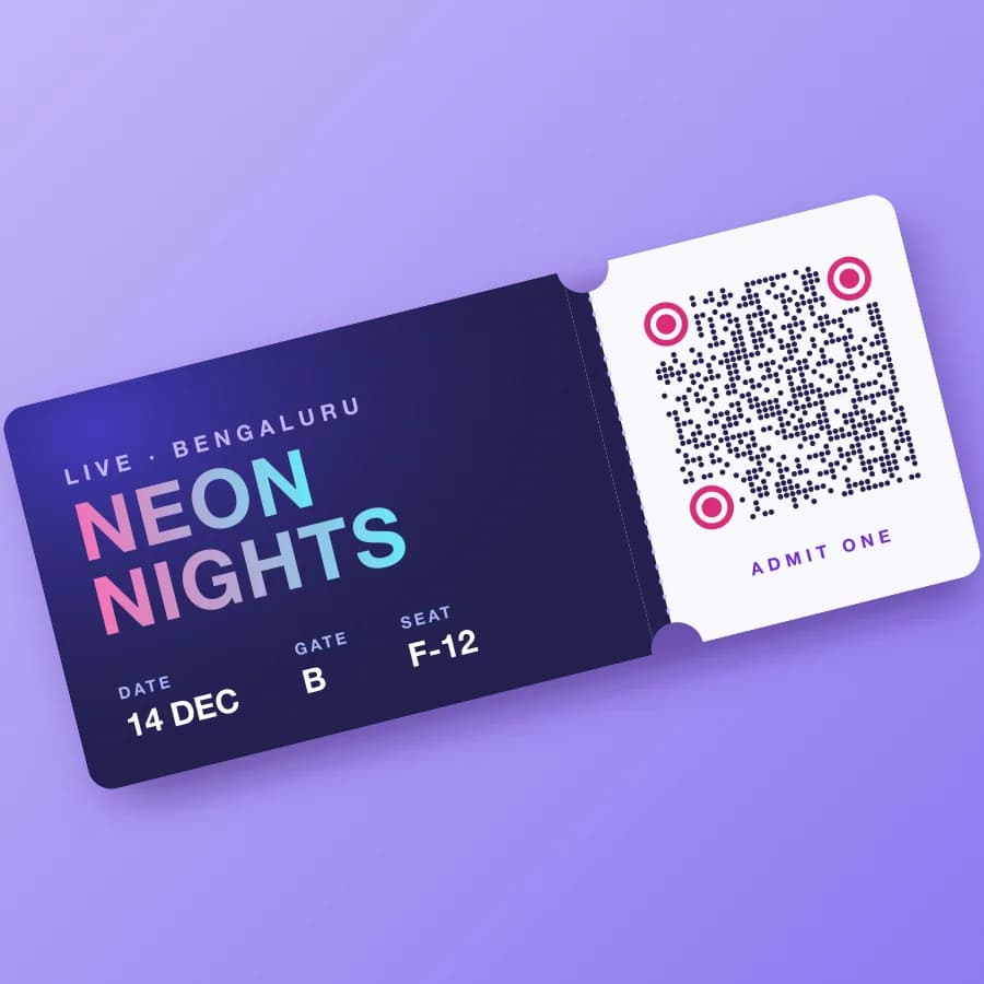Purple “Neon Nights” event ticket with a dotted QR code on a tear-off stub